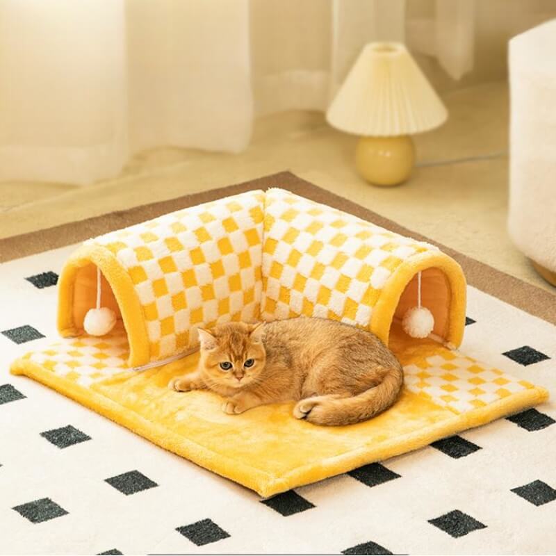 Tunnel de chat en peluche drôle à carreaux 2-en-1