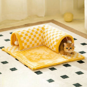 Tunnel de chat en peluche drôle à carreaux 2-en-1