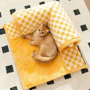 Tunnel de chat en peluche drôle à carreaux 2-en-1