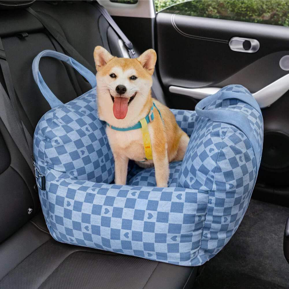 Siège de voiture pour chien à damier vintage et cœur