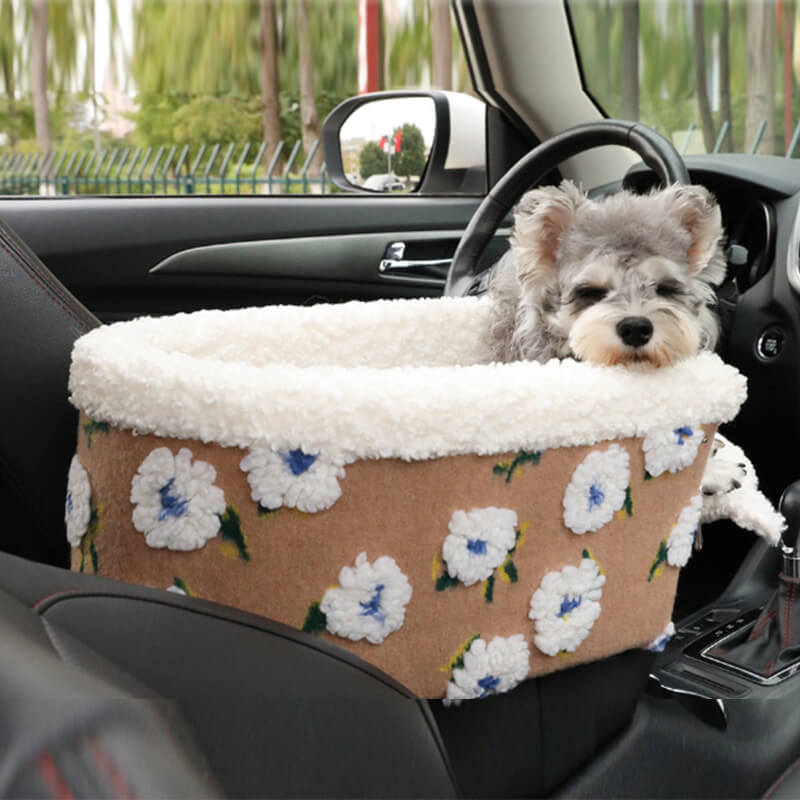 Siège de voiture à fleurs pour animaux de compagnie en laine pour console centrale